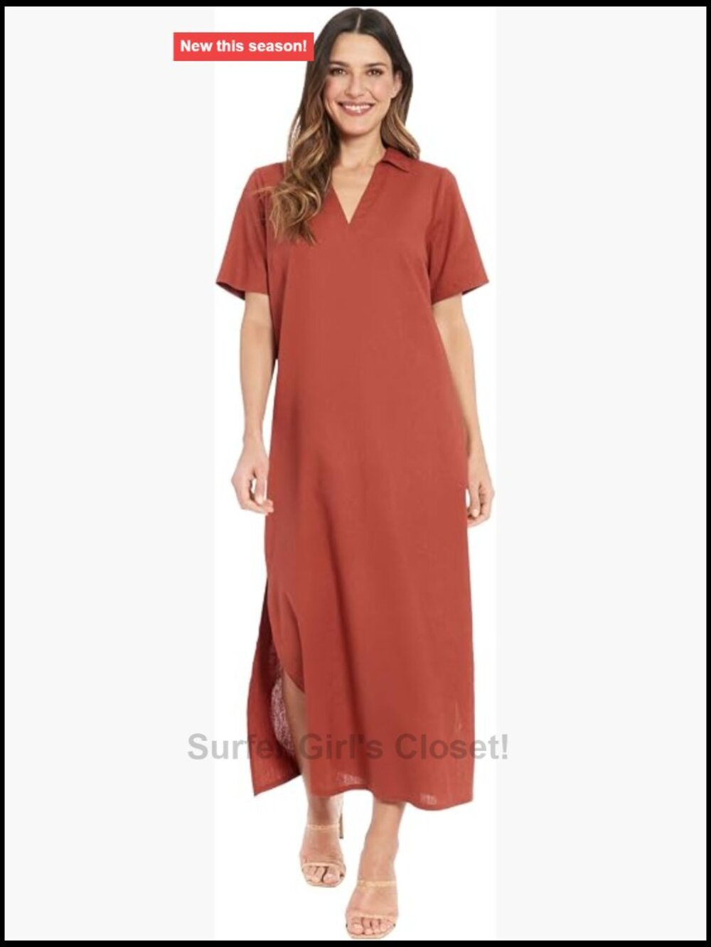 Linen Rayon Maxi Dress, Collared V-Neck with Slits, Summer Casual